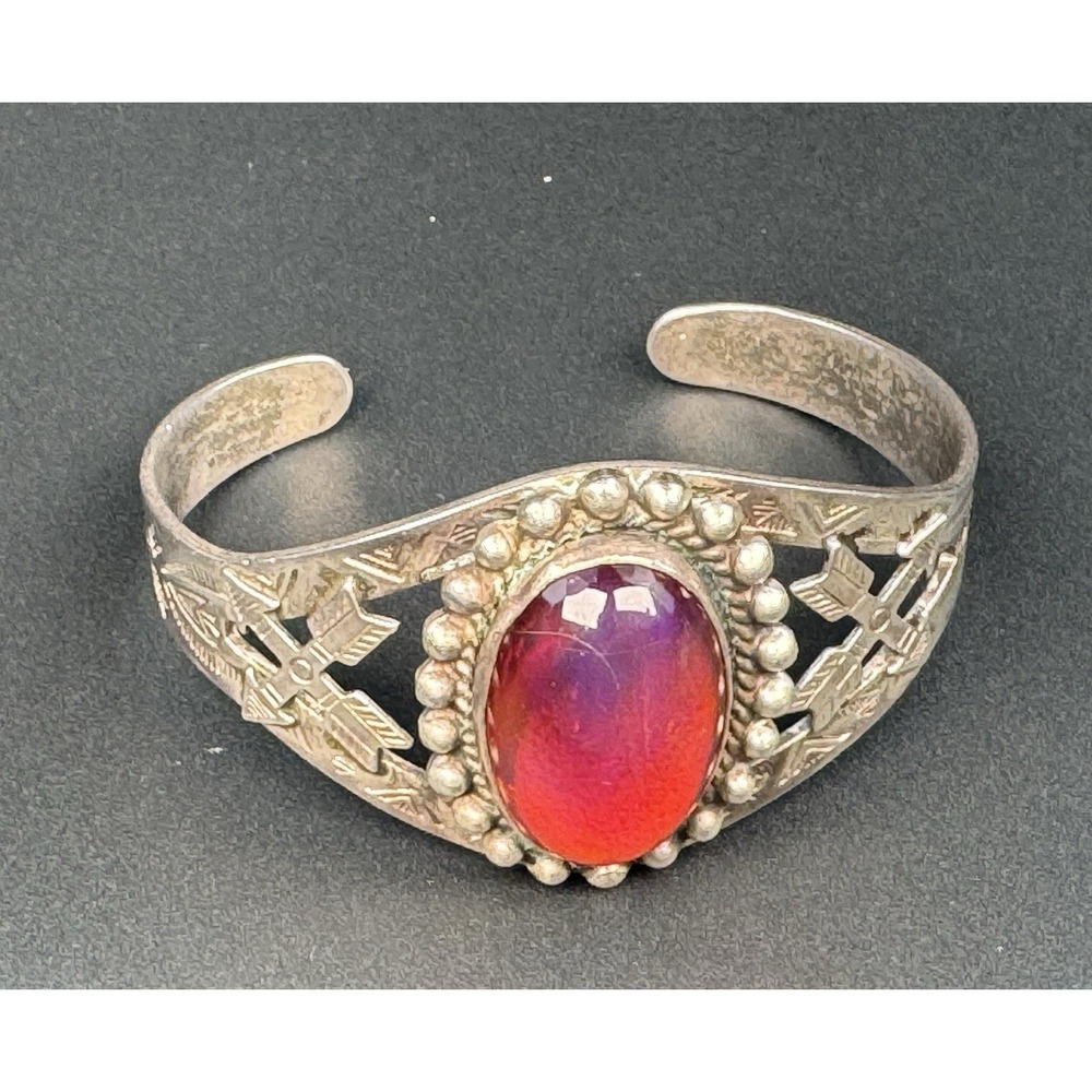 SWAC Southwest Arts & Crafts Fred Harvey Era Sterling Silver Red Glass Cuff 32g